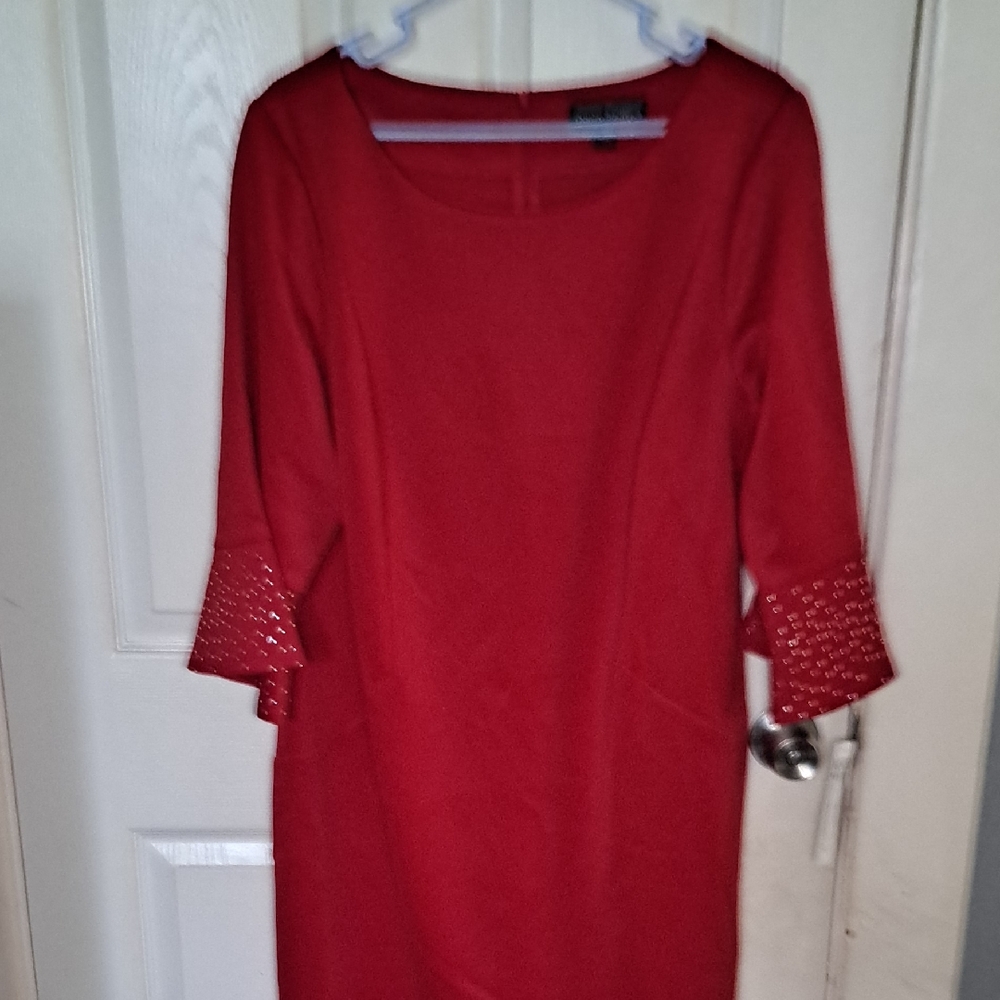 Women’s Red Scoop Neck Dress with Embellished Sleeves